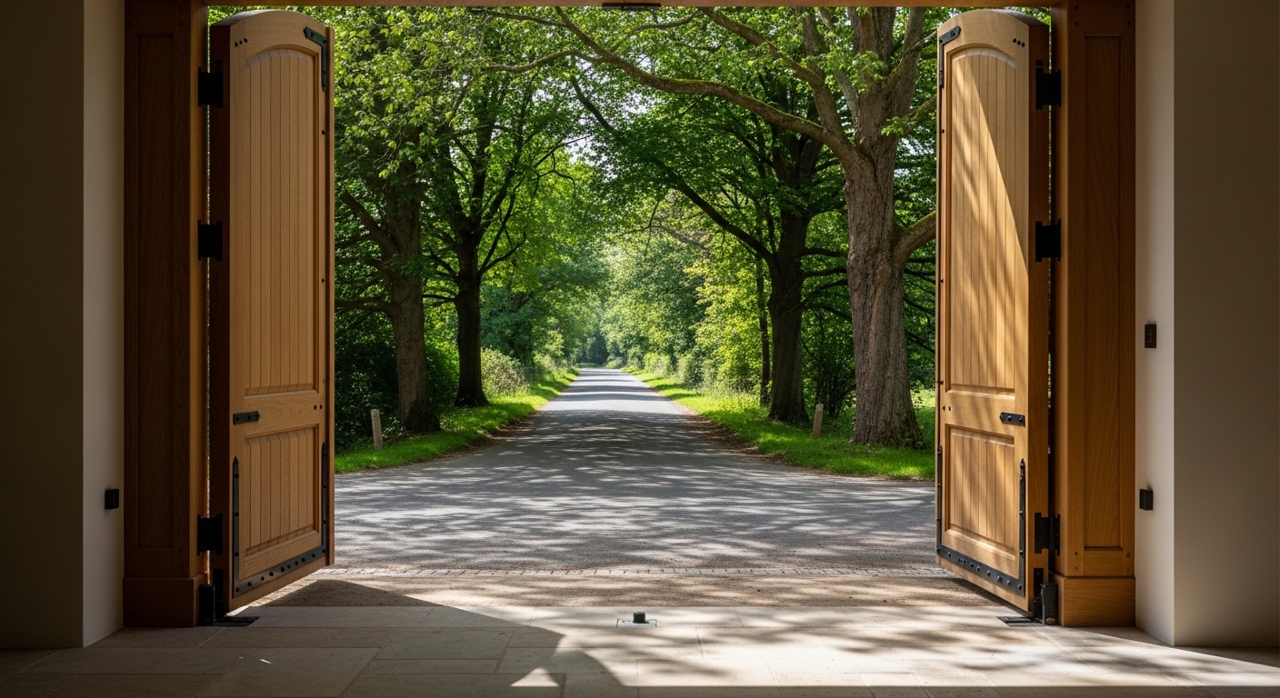 Oak gates opening onto a leafy country lane