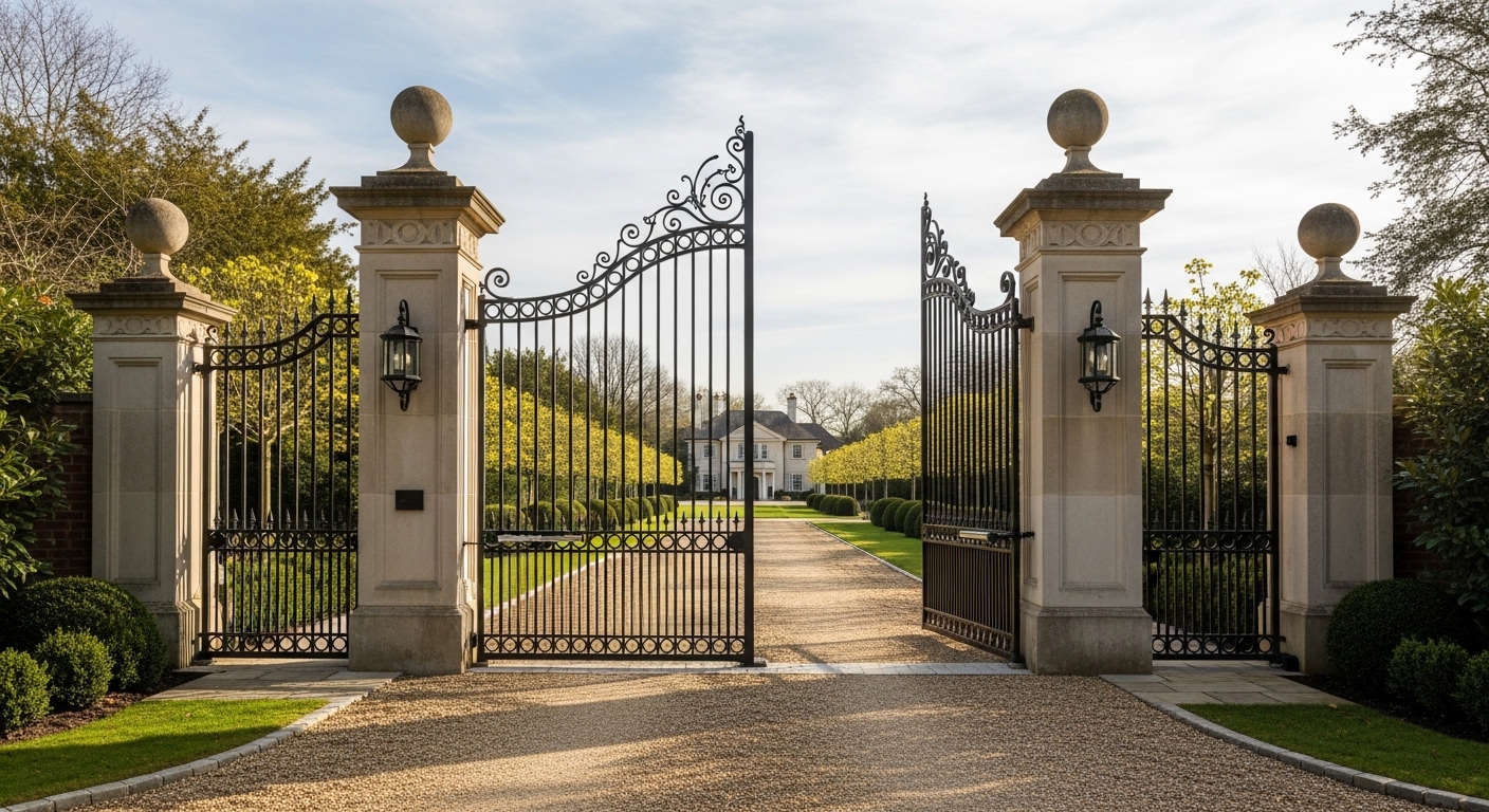 Wrought iron driveway gates with stone pillars and lanterns on a Kent estate